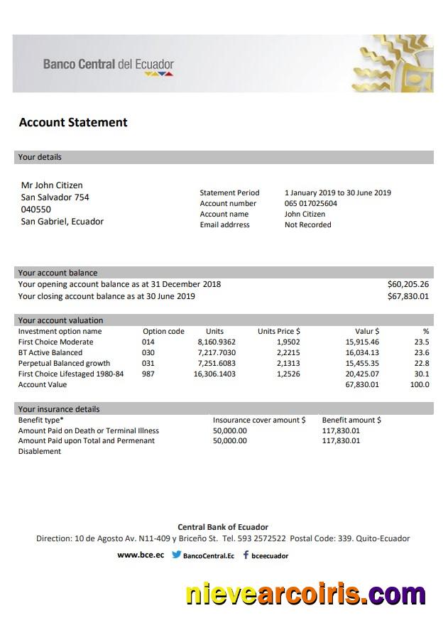 Ecuador Central Bank of Ecuador bank statement